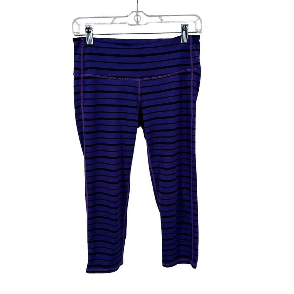 Athleta Be Free Crop Leggings Purple Black Striped Yoga Pants Sz S 964536 Casual